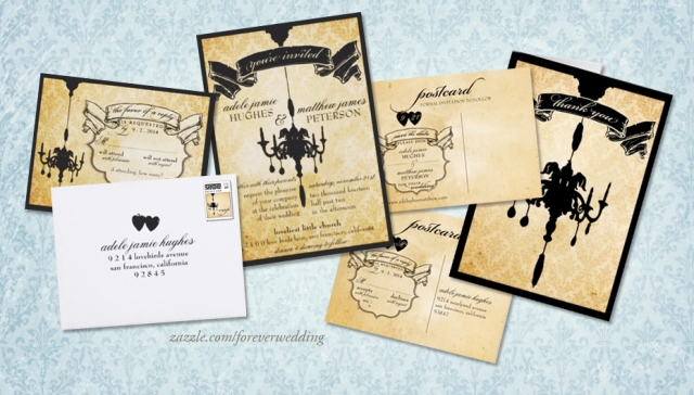 In warm cream and black these chandelier themed wedding invitations and 